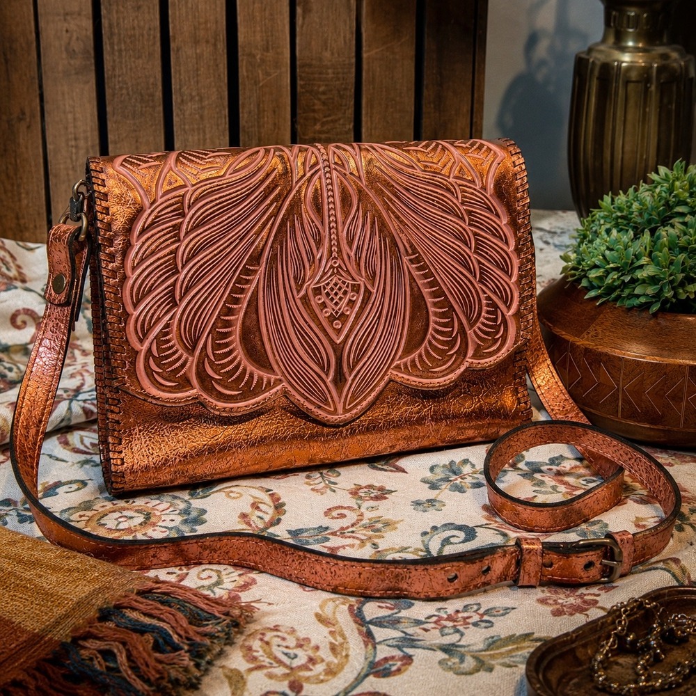 Tooled Metallic Rose Gold Leather Crossbody Floral Bag Western Luxe/Boho Design